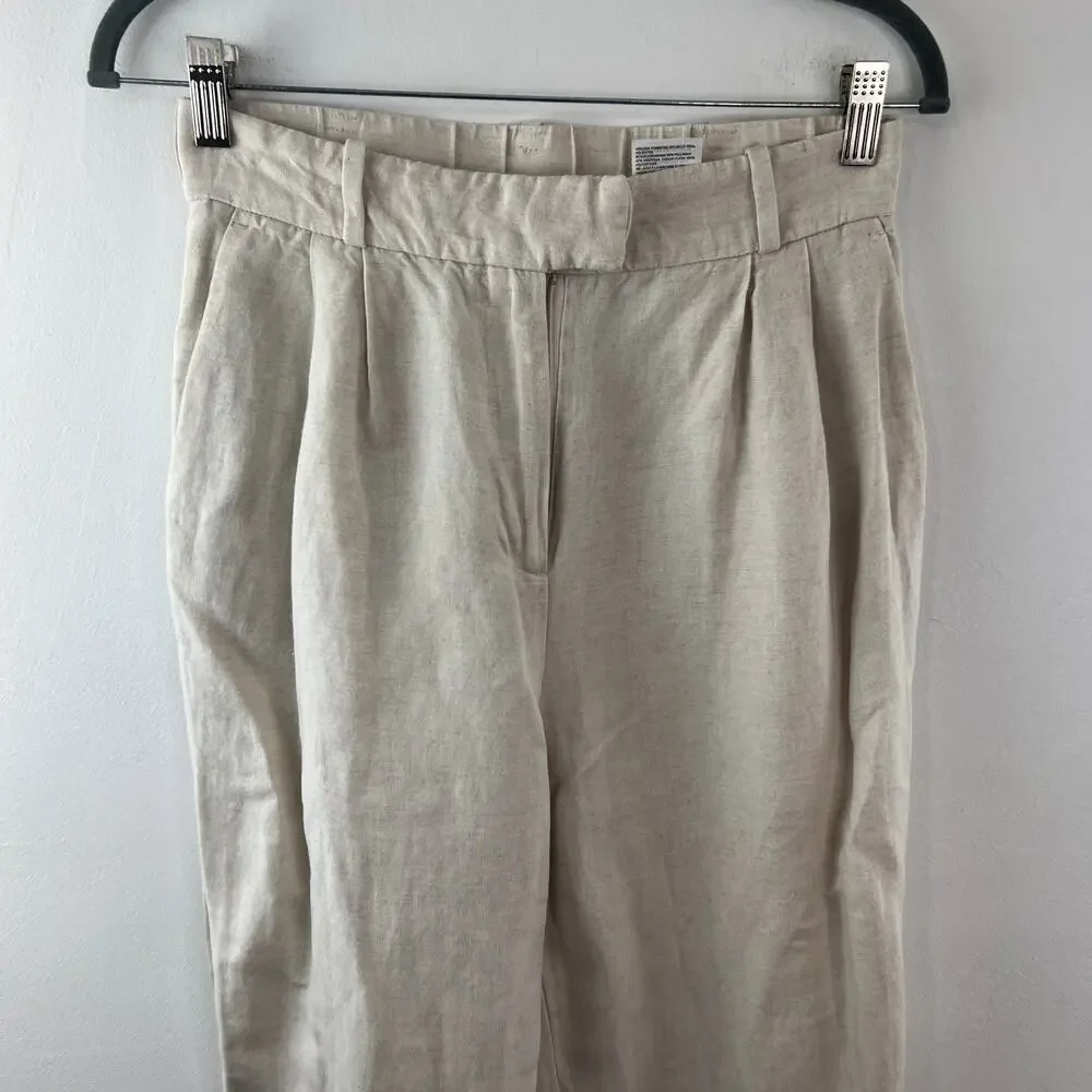 H&M Beige Dress Pants Linen Blend High-Rise Straight Leg Formal Size 6